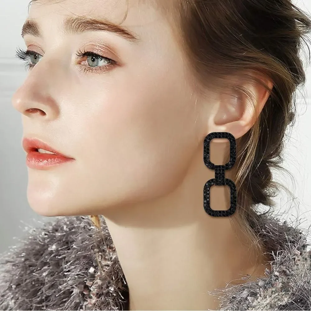 Carbon Black with Black Onyx Austrian Crystal Double Link Post Back Earrings